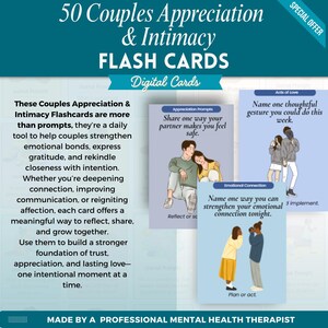 Puede incluir: Gr&aacute;fico turquesa con el texto "50 Couples Appreciation & Intimacy FLASH CARDS" y "Digital Cards". La imagen muestra tarjetas con preguntas para parejas, incluyendo "Comparte una forma en que tu pareja te hace sentir seguro."