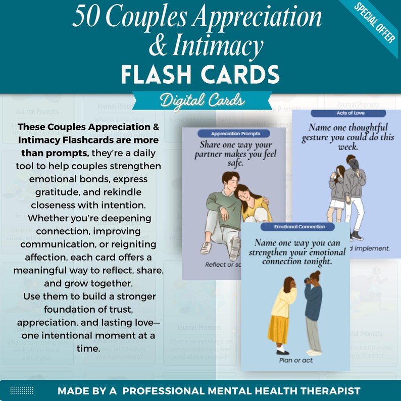 Puede incluir: Gr&aacute;fico turquesa con el texto "50 Couples Appreciation & Intimacy FLASH CARDS" y "Digital Cards". La imagen muestra tarjetas con preguntas para parejas, incluyendo "Comparte una forma en que tu pareja te hace sentir seguro."