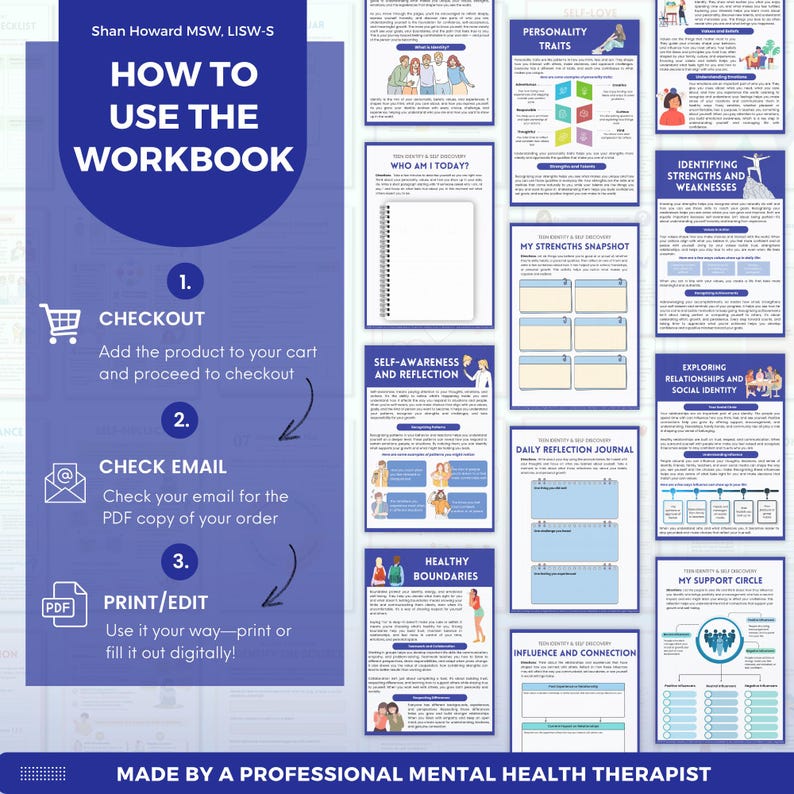 May include: A workbook with the title "HOW TO USE THE WORKBOOK" and instructions for checkout, email, and printing. The pages inside cover topics like personality traits, self-awareness, and healthy boundaries. The text "MADE BY A PROFESSIONAL MENTAL HEALTH THERAPIST" is at the bottom.