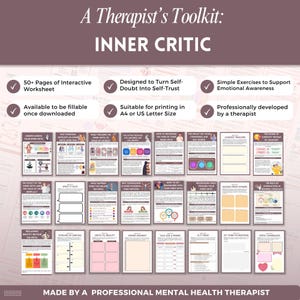 May include: A Therapist's Toolkit: Inner Critic workbook. The cover features the title and bullet points highlighting features like 50+ pages of interactive worksheets, designed to turn self-doubt into self-trust, and simple exercises. The bottom reads: Made by a professional mental health therapist.