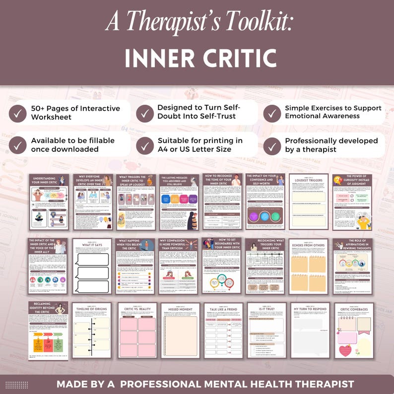 May include: A Therapist's Toolkit: Inner Critic workbook. The cover features the title and bullet points highlighting features like 50+ pages of interactive worksheets, designed to turn self-doubt into self-trust, and simple exercises. The bottom reads: Made by a professional mental health therapist.