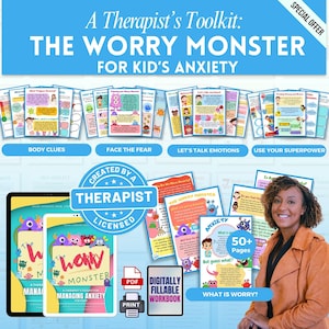Kids Anxiety Workbook Bundle, Worry Monsters, Managing Anxiety, Therapy Worksheets, Coping Skills, Mindfulness, Grounding, CBT Worksheets
