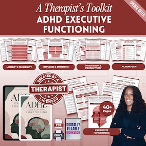 Pode incluir: Um livro de exercícios digital sobre o funcionamento executivo do TDAH intitulado A Therapist's Toolkit. O conjunto inclui mais de 40 páginas de folhas de trabalho PDF imprimíveis e preenchíveis com texto vermelho e branco sobre hábitos e planos.