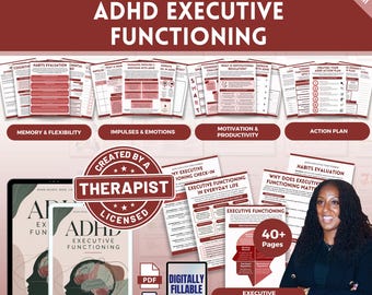 Puede incluir: Un libro de trabajo digital sobre el funcionamiento ejecutivo del TDAH titulado A Therapist's Toolkit. El conjunto incluye más de 40 páginas de hojas de trabajo PDF imprimibles y rellenables con texto rojo y blanco sobre hábitos y planes.