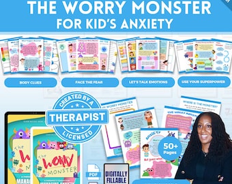 May include: A digital workbook titled A Therapist's Toolkit The Worry Monster for Kid's Anxiety, featuring over 50 pages of colorful worksheets with illustrations of monsters, text, and activities to help children manage anxiety.