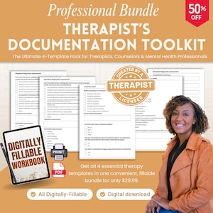 Op de afbeelding: Een promotieafbeelding voor een documentatietoolkit voor therapeuten. De afbeelding toont een lachende vrouw, een tablet met "Digitally Fillable Workbook" en afgedrukte sjablonen. Tekst bevat "Professional Bundle", "Therapist's Documentation Toolkit" en "50% OFF".