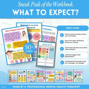 May include: A colorful workbook with illustrations of monsters and a worry meter. The workbook is designed to help children understand and manage anxiety. The text on the cover reads "Sneak Peak of the Workbook What to Expect?" and "Made by a Professional Mental Health Therapist".