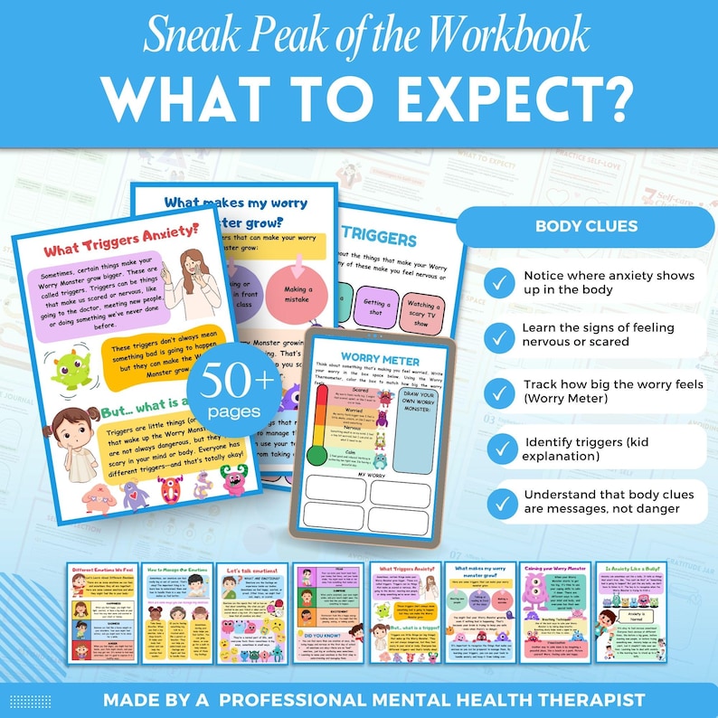 May include: A colorful workbook with illustrations of monsters and a worry meter. The workbook is designed to help children understand and manage anxiety. The text on the cover reads "Sneak Peak of the Workbook What to Expect?" and "Made by a Professional Mental Health Therapist".