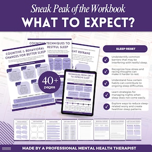 May include: A digital workbook preview featuring purple and white pages with text about cognitive and behavioral changes for better sleep. The layout includes a tablet displaying sleep techniques, a 40+ pages badge, and a list of sleep reset goals.