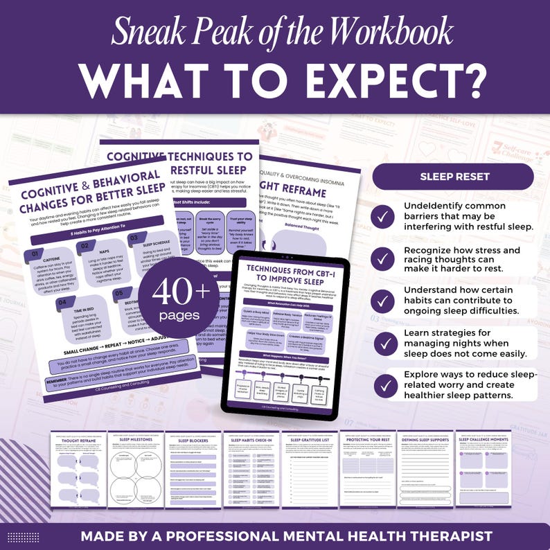 May include: A digital workbook preview featuring purple and white pages with text about cognitive and behavioral changes for better sleep. The layout includes a tablet displaying sleep techniques, a 40+ pages badge, and a list of sleep reset goals.