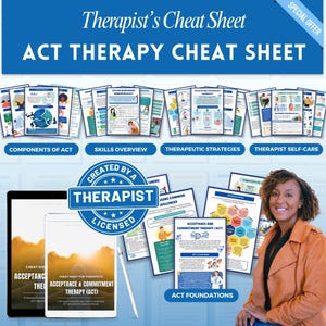 May include: A blue and white digital cheat sheet for therapists using Acceptance and Commitment Therapy (ACT). The cheat sheet includes sections on components of ACT, skills overview, therapeutic strategies, therapist self-care, and ACT foundations. The image also features a licensed therapist with a blue and white stamp that says "Created by a Licensed Therapist".