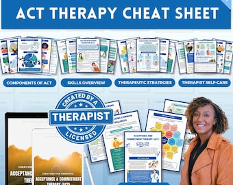 Può includere: Un cheat sheet digitale blu e bianco per i terapeuti che utilizzano la terapia di accettazione e impegno (ACT). Il cheat sheet include sezioni sui componenti dell'ACT, una panoramica delle abilità, le strategie terapeutiche, l'auto-cura del terapeuta e le basi dell'ACT. L'immagine presenta anche un terapeuta autorizzato con un timbro blu e bianco che dice "Creato da un terapeuta autorizzato".