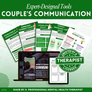 K&ouml;nnte beinhalten: Werbebild f&uuml;r ein Kommunikations-Toolkit f&uuml;r Paare. Das Bild zeigt mehrere gr&uuml;ne und wei&szlig;e Informationshandouts, einen Laptop, ein Smartphone und ein Tablet. Der Text enth&auml;lt "Couple's Communication", "Created by a Therapist" und "Made by a Professional Mental Health Therapist."