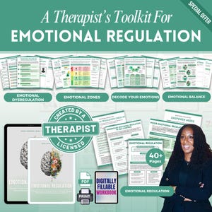 May include: A digital and printable therapist's toolkit for emotional regulation, featuring over 40 pages of worksheets, guides, and checklists. The set includes documents on emotional dysregulation, zones, and balance, with a brain illustration cover.