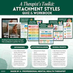 May include: A Therapist's Toolkit: Attachment Styles Quiz & Workbook. The image features a workbook with infographics, activities, and journal prompts. Topics include attachment styles, communication, and relationships. The text includes "Finding it hard to trust or let go? This workbook is perfect for you!"