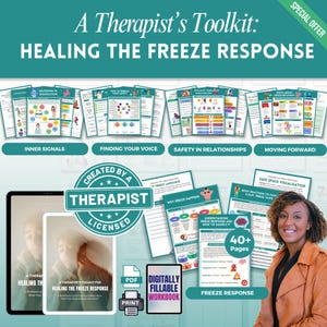 Puede incluir: Un kit de herramientas para terapeutas: Curando la respuesta de congelación. La imagen presenta una colección de cuadernos de trabajo y guías digitales. Los temas incluyen señales internas, encontrar tu voz, seguridad en las relaciones y avanzar. El kit de herramientas es creado por un terapeuta con licencia y ofrece más de 40 páginas de contenido.