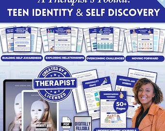 Quaderno di lavoro Mega Bundle sull'identità e la scoperta di sé degli adolescenti, Schede di lavoro sulla terapia, Autostima, Critico interiore, Identità personale, Crescita emotiva, TCC