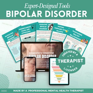 Puede incluir: Imagen de un kit de herramientas para terapeutas para el trastorno bipolar. El dise&ntilde;o incluye una computadora port&aacute;til, un tel&eacute;fono inteligente y una tableta que muestran gu&iacute;as informativas. Las gu&iacute;as cubren temas como el manejo del trastorno bipolar y el mantenimiento de relaciones saludables. El texto dice "Expert-Designed Tools".