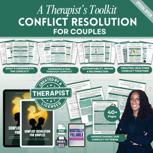 May include: A digital therapist's toolkit for conflict resolution for couples, featuring multiple printable workbook pages, a PDF icon, and a digitally fillable workbook label. The documents include sections on conflict cycles and patterns.