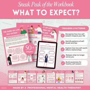 May include: A pink workbook titled "Sneak Peak of the Workbook WHAT TO EXPECT?" with illustrations and text about self-esteem. The workbook includes a tablet showing a woman and the words "Choosing a New Path."