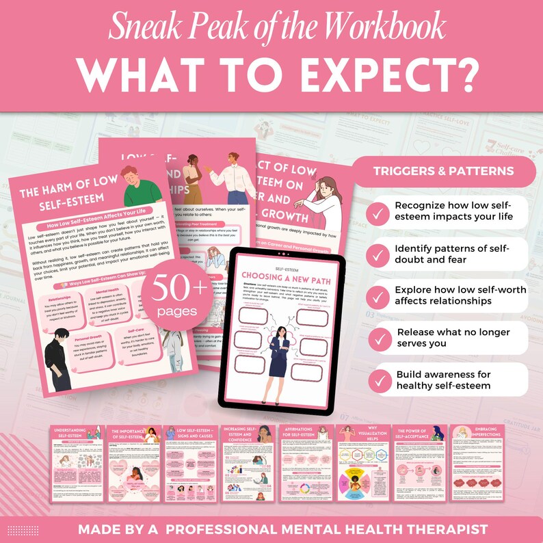 May include: A pink workbook titled "Sneak Peak of the Workbook WHAT TO EXPECT?" with illustrations and text about self-esteem. The workbook includes a tablet showing a woman and the words "Choosing a New Path."