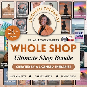 Può includere: Un pacchetto di negozi digitali con fogli di lavoro compilabili, cheat sheet e flashcard. L'immagine include un ritratto di un terapista autorizzato e il testo "Whole Shop Ultimate Shop Bundle". Il pacchetto include oltre 2.000 pagine di risorse.