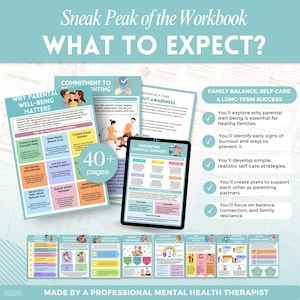Pode incluir: Uma pr&eacute;via de um caderno de exerc&iacute;cios intitulado &laquo;WHAT TO EXPECT?&raquo; com p&aacute;ginas sobre o bem-estar parental, equil&iacute;brio familiar e autocuidado. Um tablet exibe uma p&aacute;gina sobre a preven&ccedil;&atilde;o do esgotamento parental. O texto &laquo;40+ p&aacute;ginas&raquo; tamb&eacute;m est&aacute; presente.