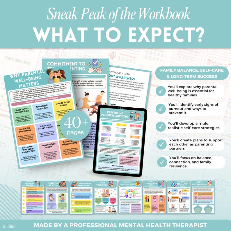 Pode incluir: Uma pr&eacute;via de um caderno de exerc&iacute;cios intitulado &laquo;WHAT TO EXPECT?&raquo; com p&aacute;ginas sobre o bem-estar parental, equil&iacute;brio familiar e autocuidado. Um tablet exibe uma p&aacute;gina sobre a preven&ccedil;&atilde;o do esgotamento parental. O texto &laquo;40+ p&aacute;ginas&raquo; tamb&eacute;m est&aacute; presente.