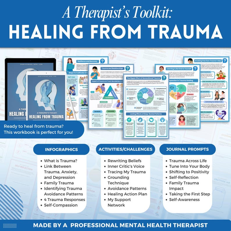 Healing from trauma a mental health digital and fillable workbook created by a licensed mental health therapist.