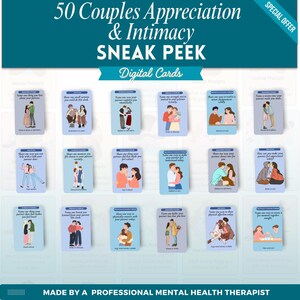 Puede incluir: Imagen promocional de tarjetas digitales tituladas "50 Couples Appreciation & Intimacy". Las tarjetas presentan ilustraciones de parejas y preguntas. Tambi&eacute;n se ve el texto "SNEAK PEEK" y "SPECIAL OFFER". La parte inferior de la imagen dice "MADE BY A PROFESSIONAL MENTAL HEALTH THERAPIST."