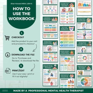 May include: A digital workbook with the title "How to Use the Workbook" and instructions for checkout, download, and print/edit. The workbook includes information on attachment styles, communication, and relationships. Made by a professional mental health therapist.