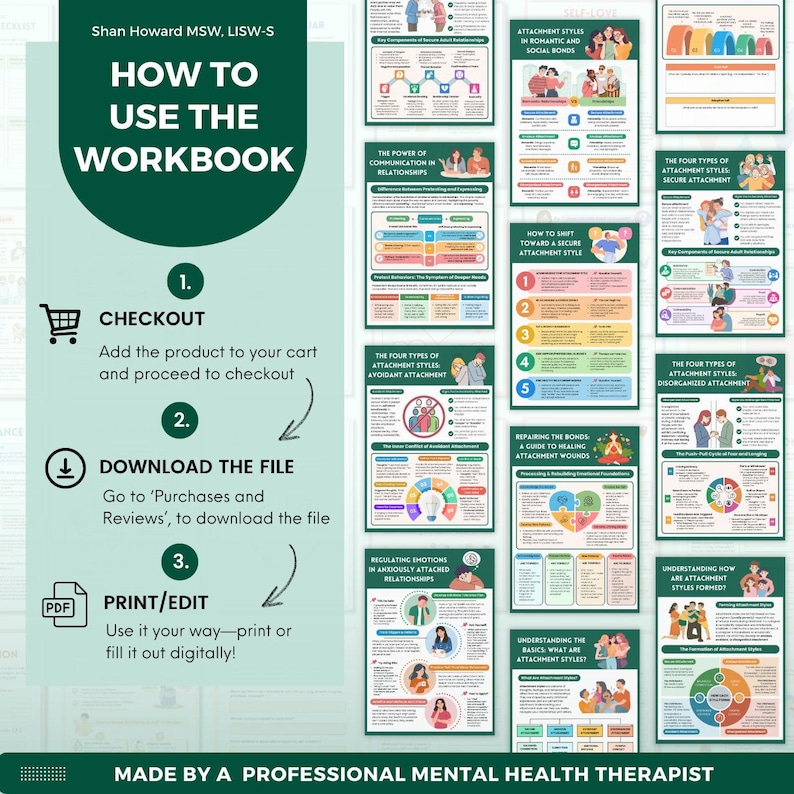 May include: A digital workbook with the title "How to Use the Workbook" and instructions for checkout, download, and print/edit. The workbook includes information on attachment styles, communication, and relationships. Made by a professional mental health therapist.