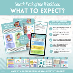 Pode incluir: Um caderno de exerc&iacute;cios intitulado "WHAT TO EXPECT?" com as se&ccedil;&otilde;es "PARENTING AS A TEAM" e "FAMILY MAP". A imagem inclui um tablet mostrando "SHARED VALUES CREATE STABILITY" e uma se&ccedil;&atilde;o sobre "BUILDING A STRONG PARENTING FOUNDATION". O caderno de exerc&iacute;cios tem mais de 40 p&aacute;ginas.