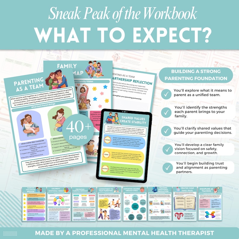 Pode incluir: Um caderno de exerc&iacute;cios intitulado "WHAT TO EXPECT?" com as se&ccedil;&otilde;es "PARENTING AS A TEAM" e "FAMILY MAP". A imagem inclui um tablet mostrando "SHARED VALUES CREATE STABILITY" e uma se&ccedil;&atilde;o sobre "BUILDING A STRONG PARENTING FOUNDATION". O caderno de exerc&iacute;cios tem mais de 40 p&aacute;ginas.