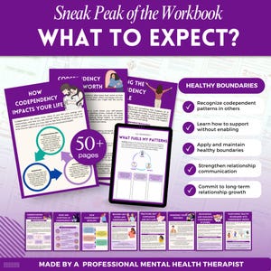 Puede incluir: Un cuaderno de trabajo titulado "&iquest;QU&Eacute; ESPERAR?" con un dise&ntilde;o morado y blanco. La portada presenta el texto "Sneak Peak of the Workbook" y "&iquest;QU&Eacute; ESPERAR?" con secciones sobre codependencia y l&iacute;mites saludables. Incluye m&aacute;s de 50 p&aacute;ginas.