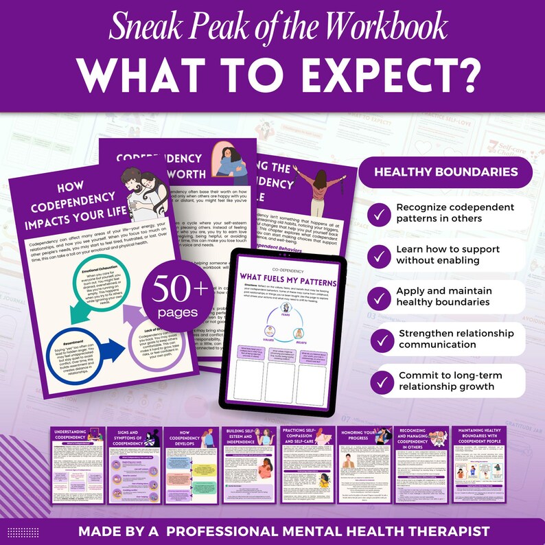 Puede incluir: Un cuaderno de trabajo titulado "&iquest;QU&Eacute; ESPERAR?" con un dise&ntilde;o morado y blanco. La portada presenta el texto "Sneak Peak of the Workbook" y "&iquest;QU&Eacute; ESPERAR?" con secciones sobre codependencia y l&iacute;mites saludables. Incluye m&aacute;s de 50 p&aacute;ginas.
