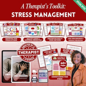 Puede incluir: Kit de herramientas del terapeuta: Gestión del estrés. La imagen presenta cuadernos de trabajo y guías digitales. Los temas incluyen patrones de estrés, regulación emocional, equilibrio trabajo-vida y prevención del agotamiento. Más de 40 páginas.