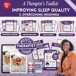 May include: A digital toolkit titled "Improving Sleep Quality & Overcoming Insomnia" with the text "Created by a Therapist." The image includes a woman, a tablet, and several guides covering topics like sleep barriers and bedtime routines. Includes a "50% OFF" offer.