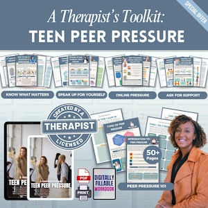 Puede incluir: Un kit de herramientas para terapeutas: Presión de grupo en adolescentes. La imagen presenta cuadernos de trabajo y guías digitales. El título está en la parte superior, con "Oferta especial" en la esquina superior derecha. El kit incluye temas como "Saber qué importa" y "Presión de grupo 101".