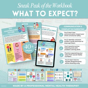 Pode incluir: Pr&eacute;-visualiza&ccedil;&atilde;o de um livro de exerc&iacute;cios com o t&iacute;tulo "Sneak Peak of the Workbook: What to Expect?". A imagem mostra v&aacute;rias p&aacute;ginas com texto e ilustra&ccedil;&otilde;es sobre comunica&ccedil;&atilde;o e resolu&ccedil;&atilde;o de conflitos na parentalidade. O livro de exerc&iacute;cios tem mais de 40 p&aacute;ginas e &eacute; feito por um terapeuta de sa&uacute;de mental.