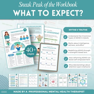 Increase productivity with ADHD a mental health digital and fillable workbook created by a licensed mental health therapist.