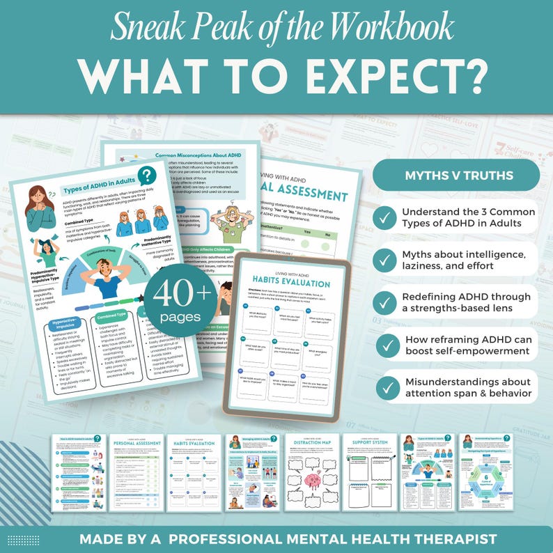 Increase productivity with ADHD a mental health digital and fillable workbook created by a licensed mental health therapist.