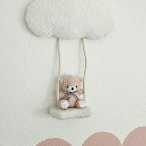 Small cloud with bear on swing wall decoration off-white/ochre yellow baby room, boucle wall decoration, children's room, baby room, clouds cloud