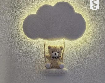 Wireless Cloud Lamp with Teddy Bear on Swing Battery Night Light for Nursery Baby Shower Gift