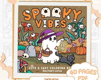 Könnte beinhalten: Ein Cover für ein digitales Malbuch mit den Worten "Spooky Vibes" in orangefarbenen Buchstaben. Die Illustration zeigt einen Geist mit einem lila Hexenhut, eine schwarze Katze, einen Kürbis und andere Halloween-Elemente. Der Text "Cute & Easy Coloring Book" ist ebenfalls vorhanden.