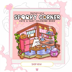 Op de afbeelding: Een roze en witte illustratie van een omslag van een kleurboek "Spooky Corner". De omslag toont een cartoon keukenscène met een spookkok, een pompoen en een ketel. Tekst bevat "Southern Lotus" en "Cute & Easy Coloring Book".