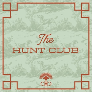 May include: Square design with a light green background featuring a repeating pattern of dogs and foxes. The text "The HUNT CLUB" is in a dark red color, with a decorative red border.
