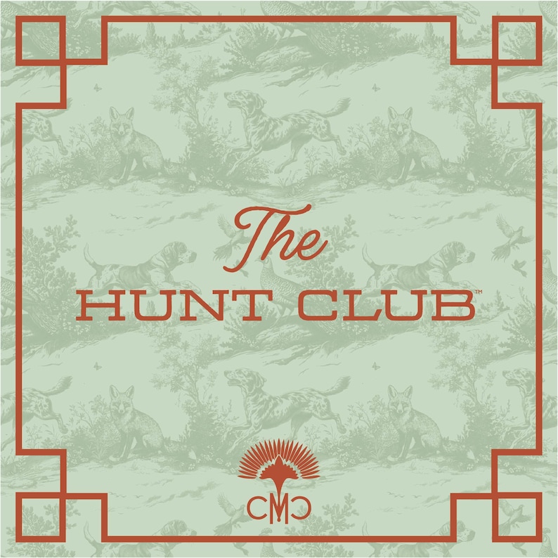 May include: Square design with a light green background featuring a repeating pattern of dogs and foxes. The text "The HUNT CLUB" is in a dark red color, with a decorative red border.