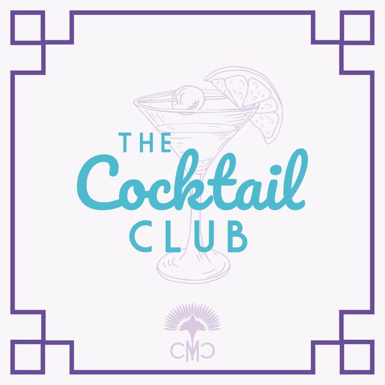 May include: A light purple and white graphic with a cocktail glass illustration. The words "The Cocktail Club" are in teal script. A purple border frames the design, with a small logo at the bottom.