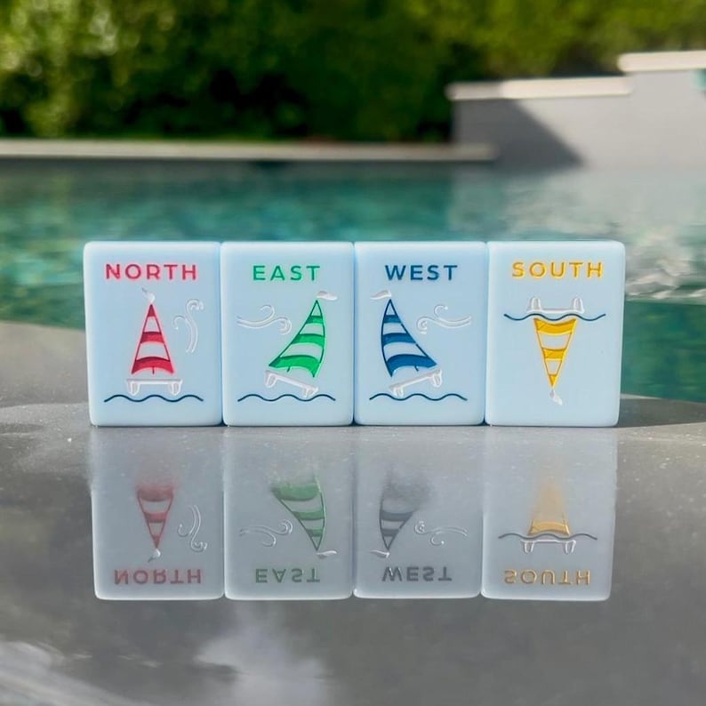 May include: Four light blue decorative tiles with sailboat designs and the cardinal directions: North, East, West, and South. Each tile features a different colored sailboat: red, green, blue, and yellow. The text is in a bold, sans-serif font.